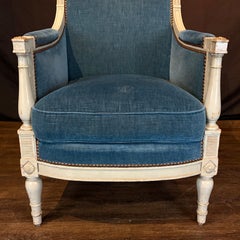 Pair of Antique French Neoclassical Painted Armchairs or Bergères in Blue Mohair
