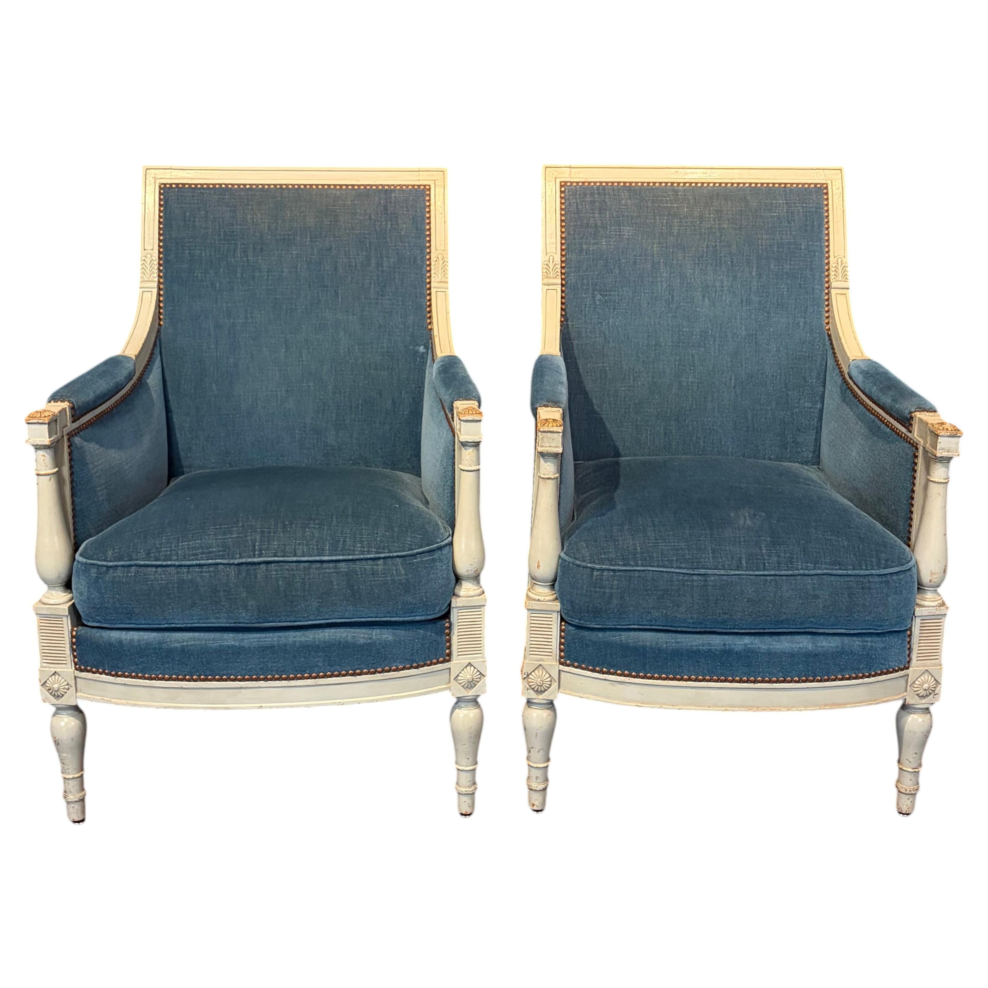Pair of Antique French Neoclassical Painted Armchairs or Bergères in Blue Mohair