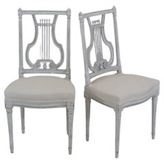 Pair of Antique French Neoclassical Painted Chairs in Antique Linen