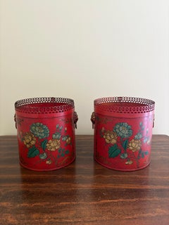 Pair of Antique French Neoclassical Red & Gold Tole Cachepot with Lion Heads