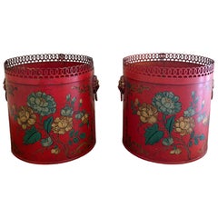 Pair of Antique French Neoclassical Red & Gold Tole Cachepot with Lion Heads
