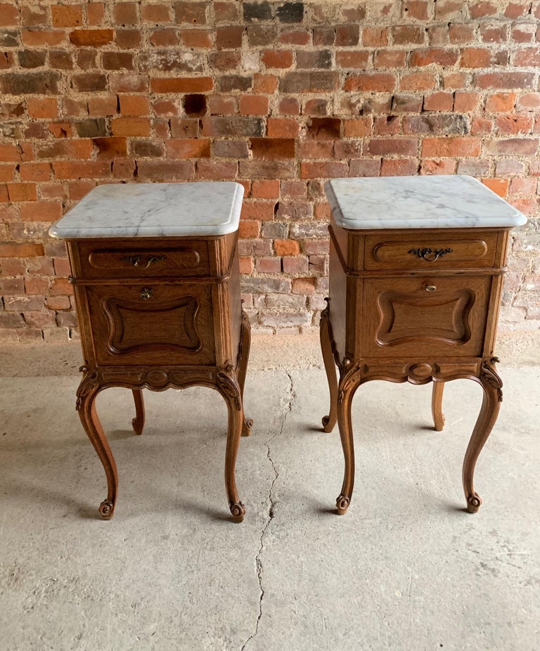 Pair of Antique French Nightstands Bedside Tables Marble, Victorian