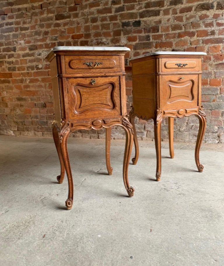 Pair of Antique French Nightstands Bedside Tables Marble, Victorian