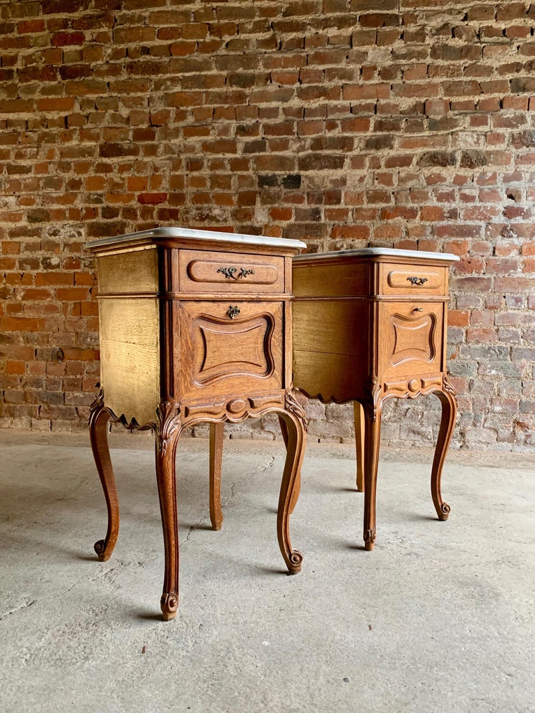 Pair of Antique French Nightstands Bedside Tables Marble, Victorian