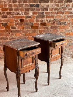 Pair of Antique French Nightstands Bedside Tables Marble, Victorian, 1890