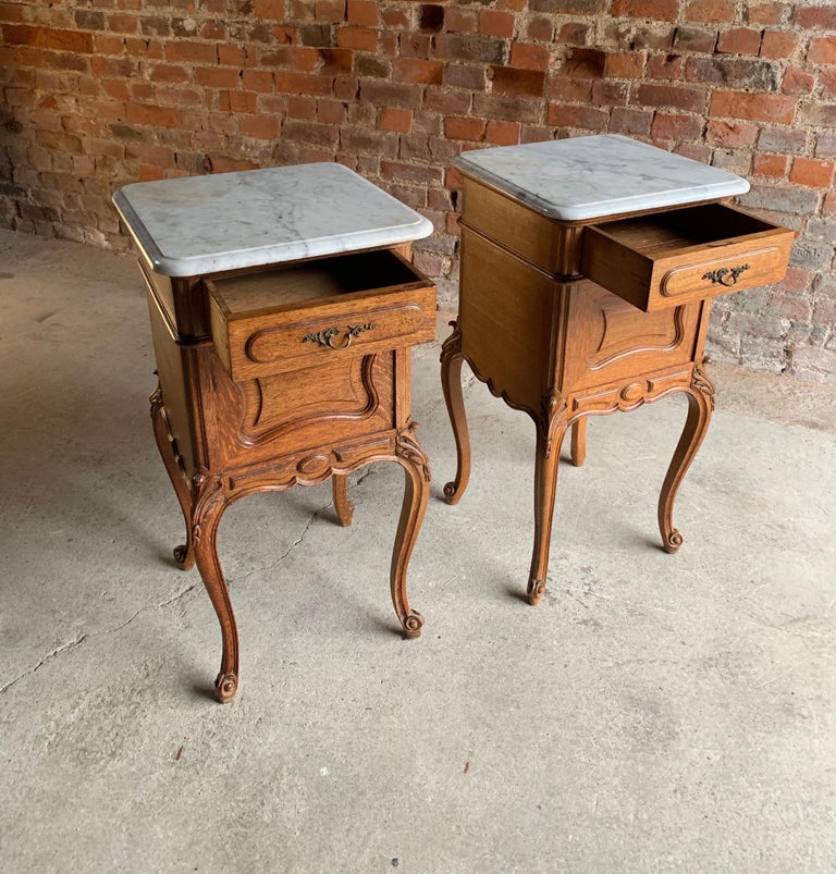 Pair of Antique French Nightstands Bedside Tables Marble, Victorian