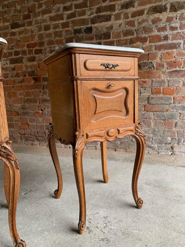 Pair of Antique French Nightstands Bedside Tables Marble, Victorian