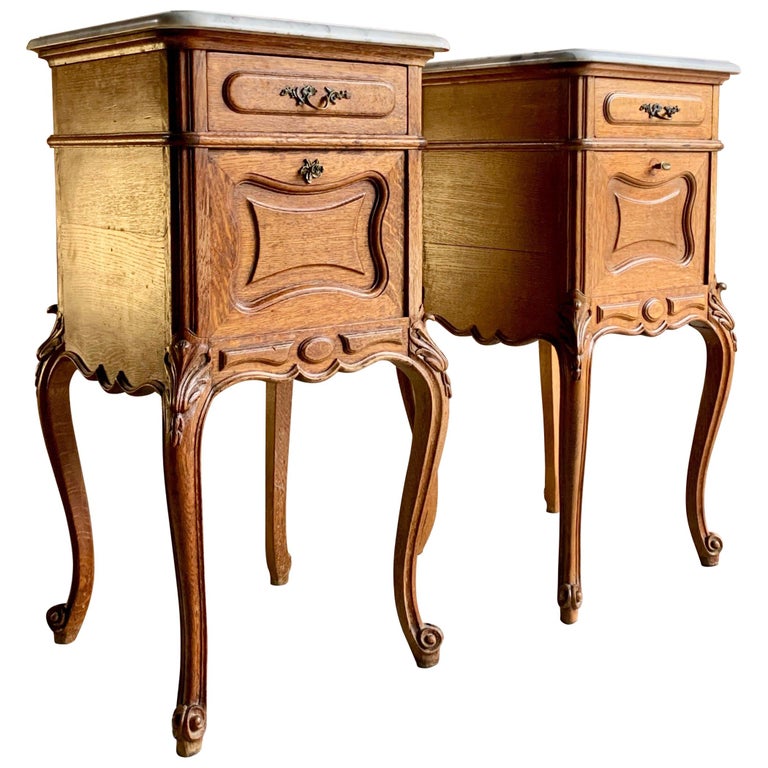Pair of Antique French Nightstands Bedside Tables Marble, Victorian