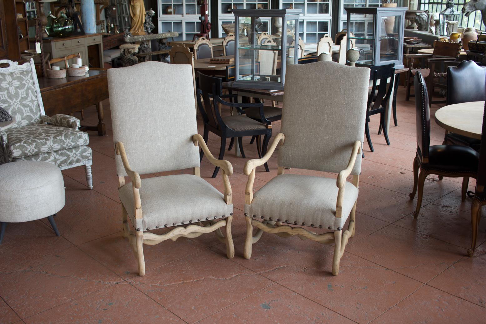 Pair of large antique bleached oak Os de Mouton armchairs with 