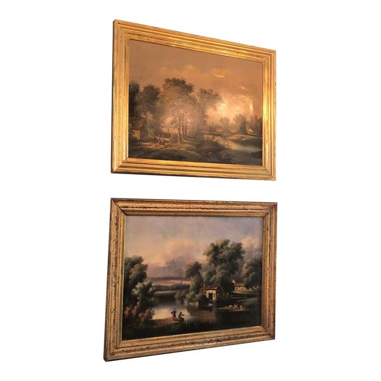 Paire de peintures françaises anciennes à l'huile sur toile Bon état - En vente à New Orleans, LA