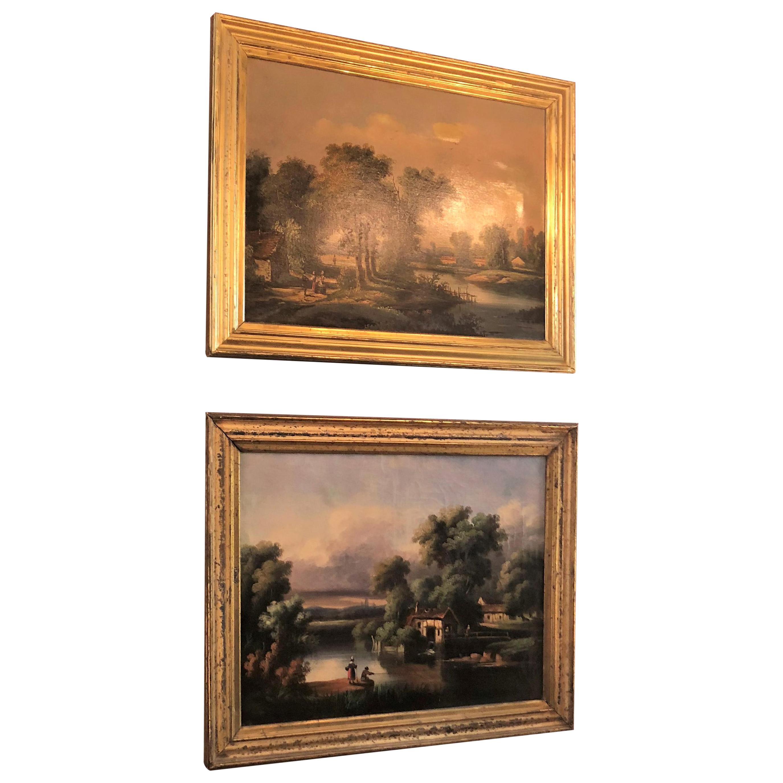 Paire de peintures françaises anciennes à l'huile sur toile