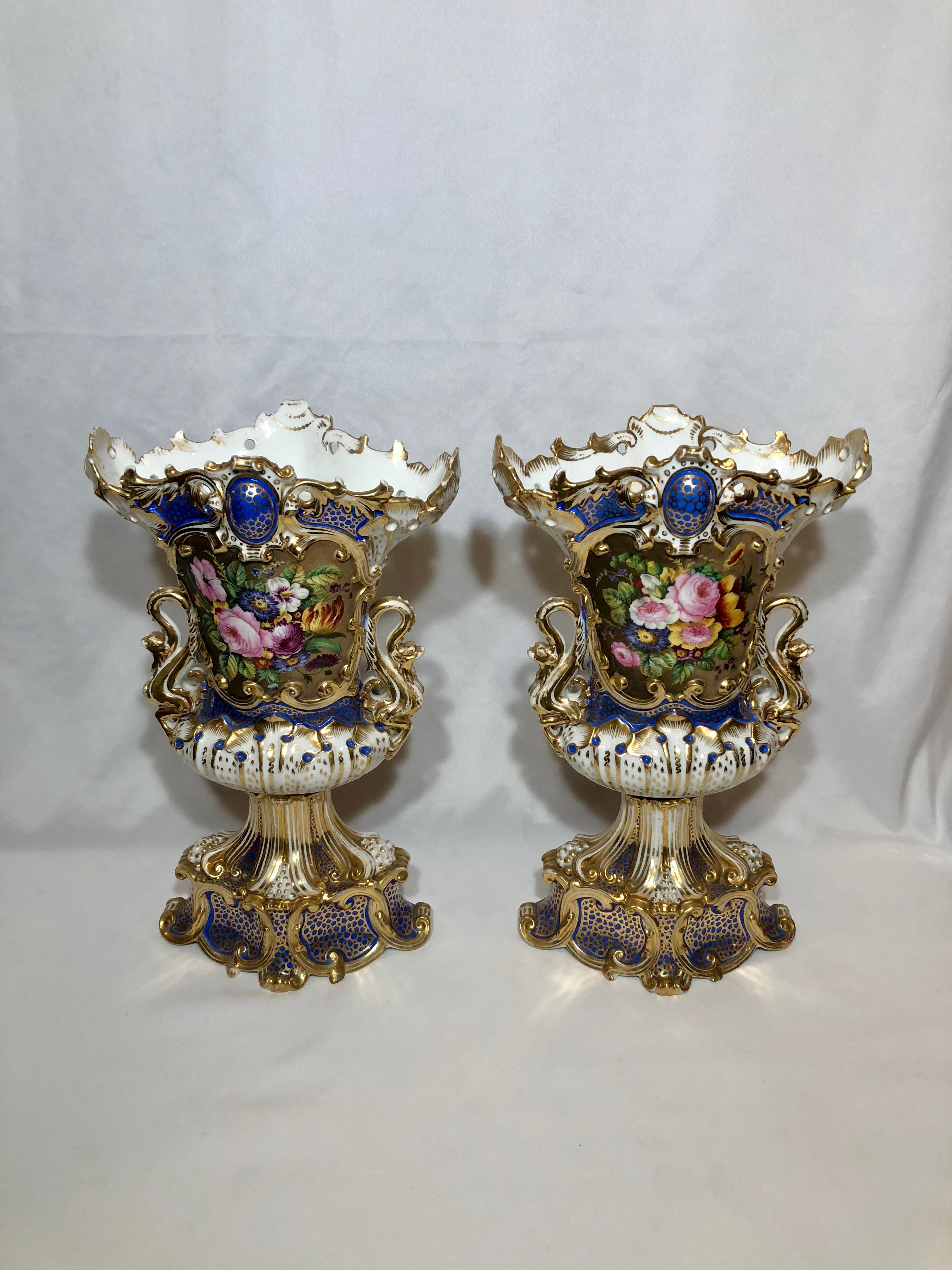 Pair of antique French old Paris hand-painted vases Jacob Petit marks. These are exquisite and beautifully rendered. 