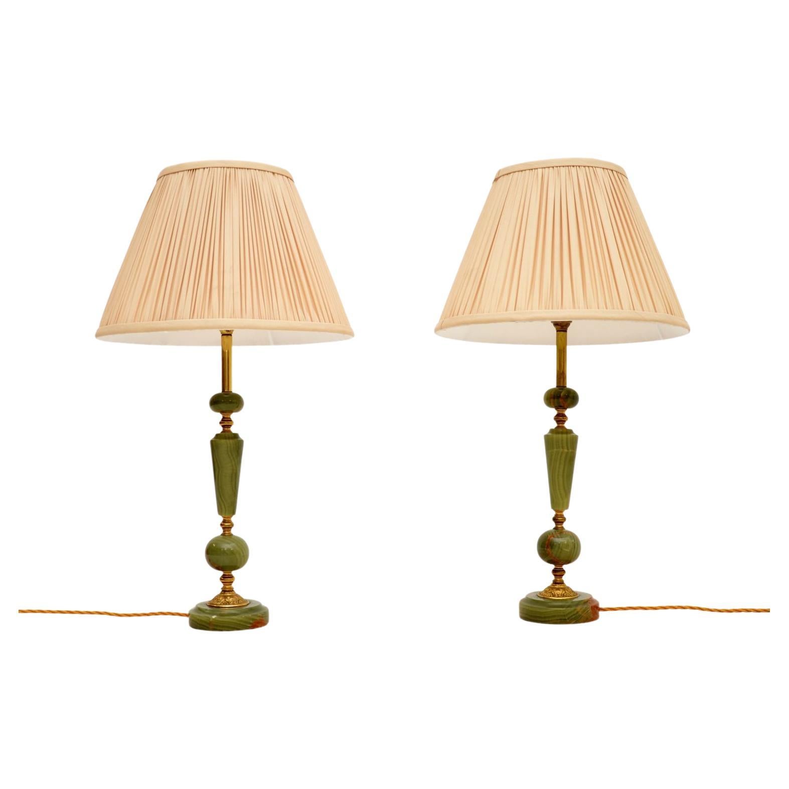 Pair of Antique French Onyx & Brass Table Lamps