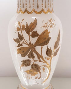 Pair of Antique French White Opaline Glass & Bronze Lamps with Purple Silk Shade