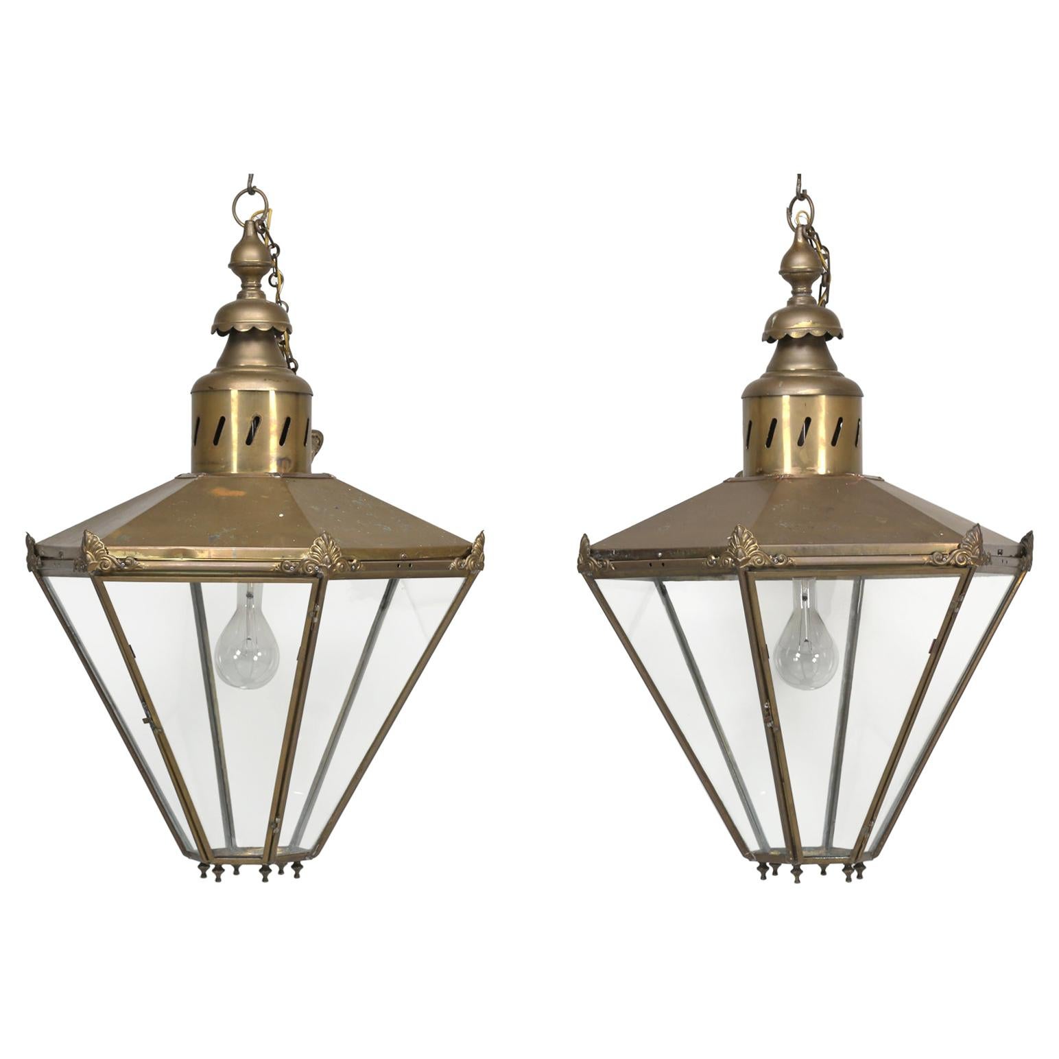 Pair of Antique French or English, Very Large Brass Lanterns Completely Restored