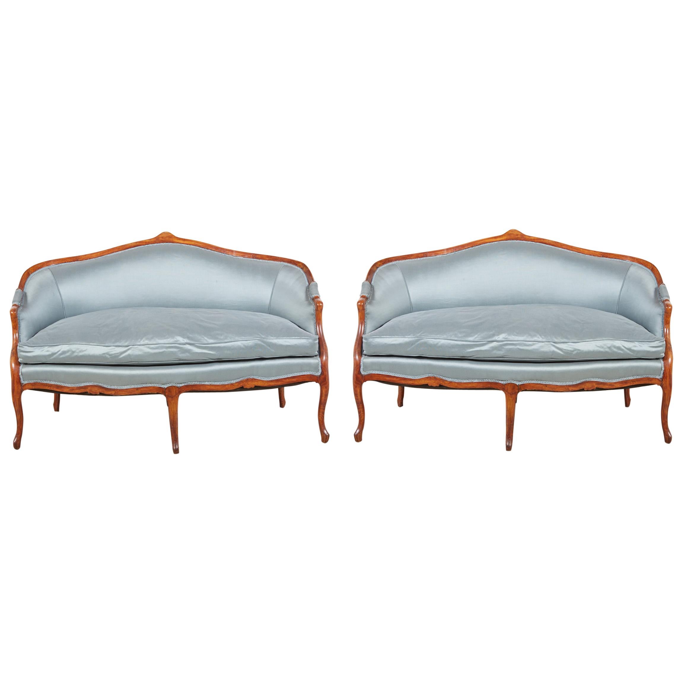 Pair of Antique French or Italian Walnut Settees, circa 1840