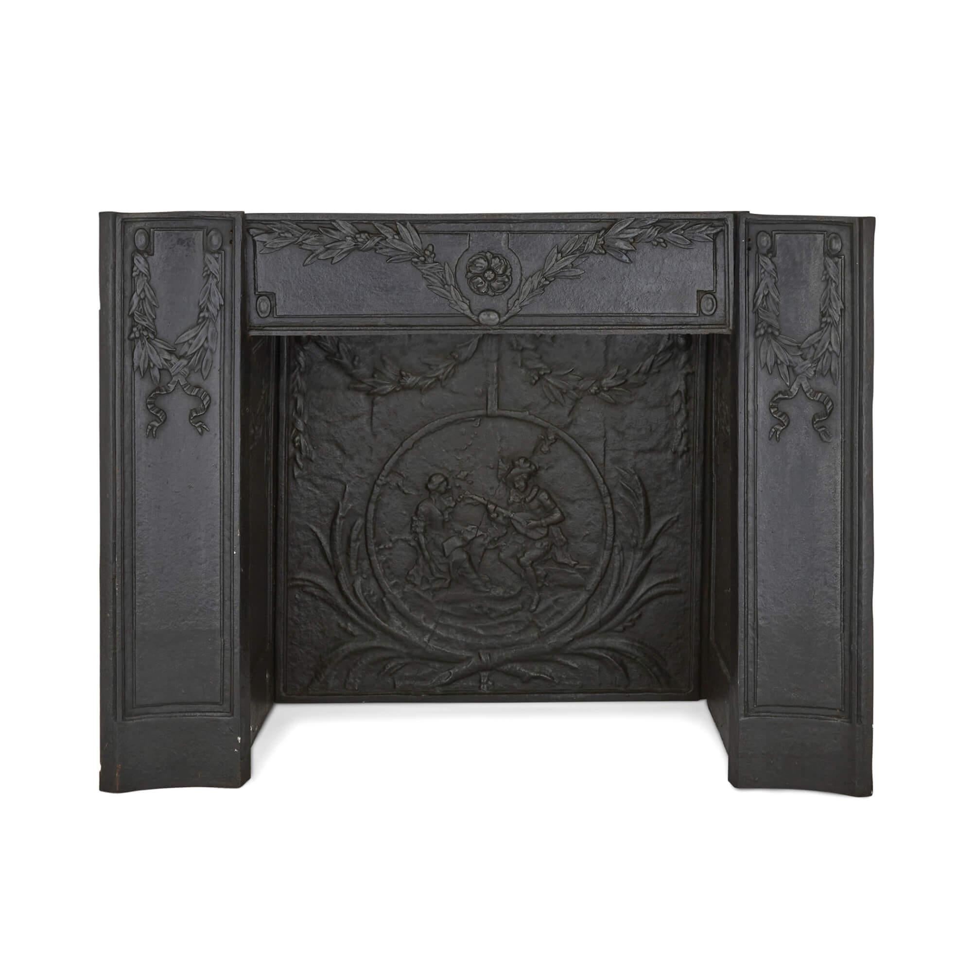 Empire Pair of Antique French Ormolu Mounted Marble Fireplaces with Cast Iron Insets For Sale