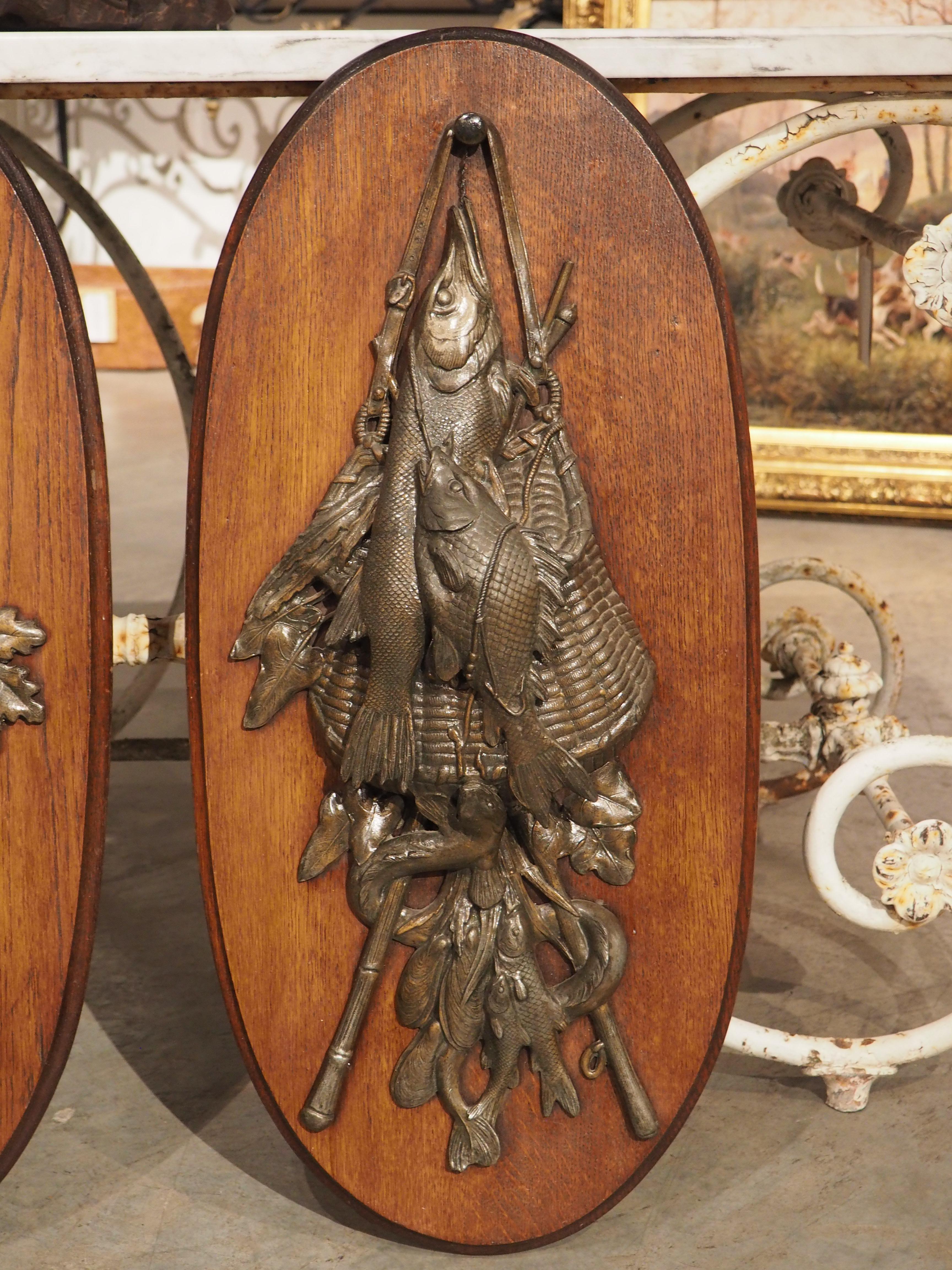 Pair of Antique French Oval Hunting and Fishing Trophy Plaques, Circa 1900 In Good Condition In Dallas, TX