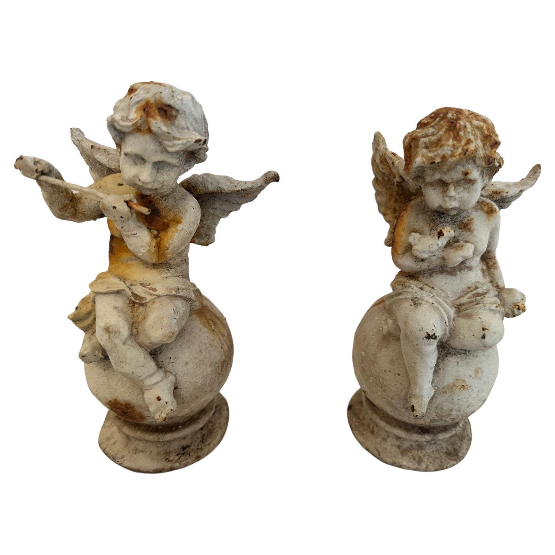 Pair of Antique French Painted Iron Putti Cherub Sculptures Garden Ornaments