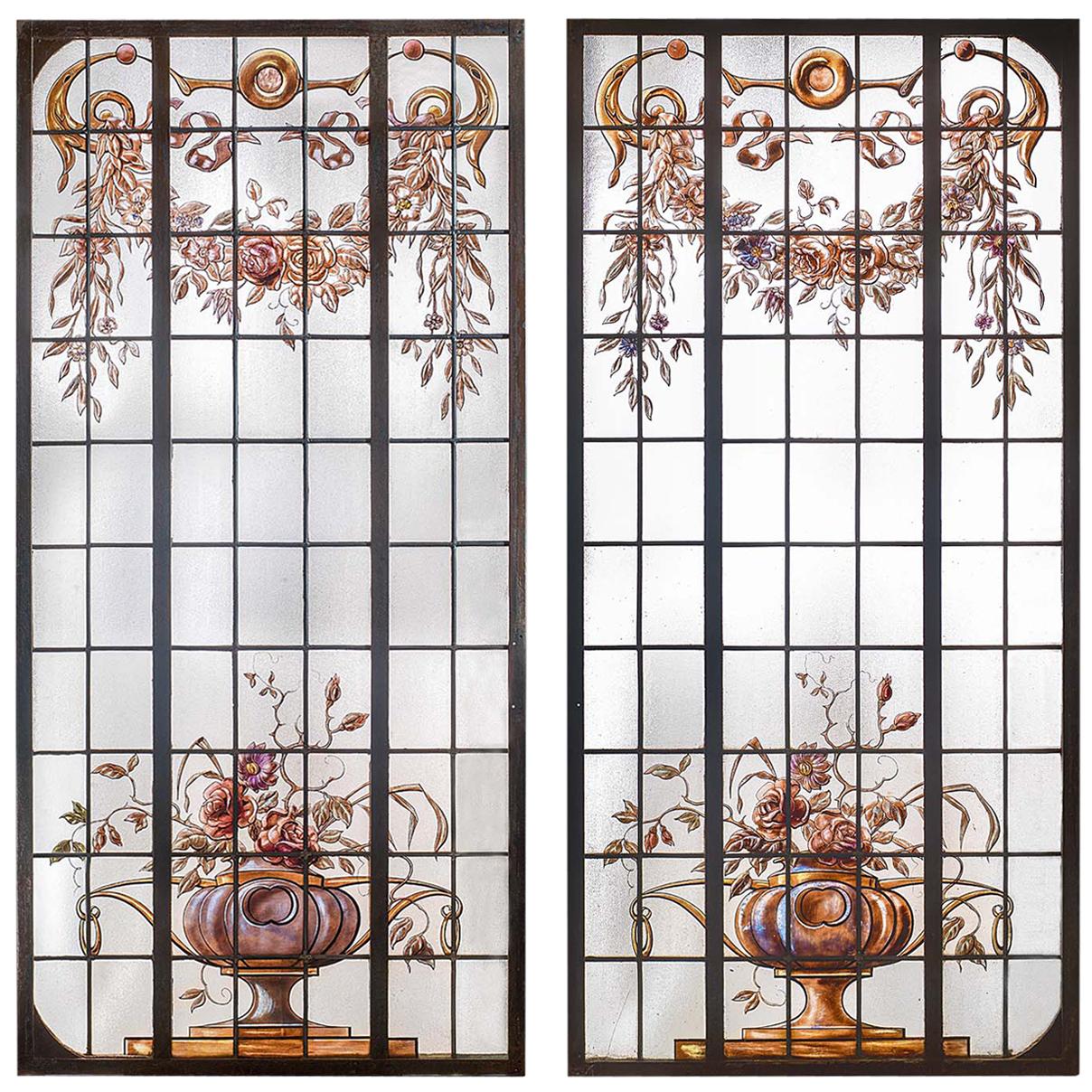 Pair of Antique French Painted Leaded Glass Windows