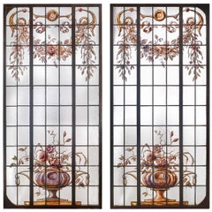 Pair of Antique French Painted Leaded Glass Windows