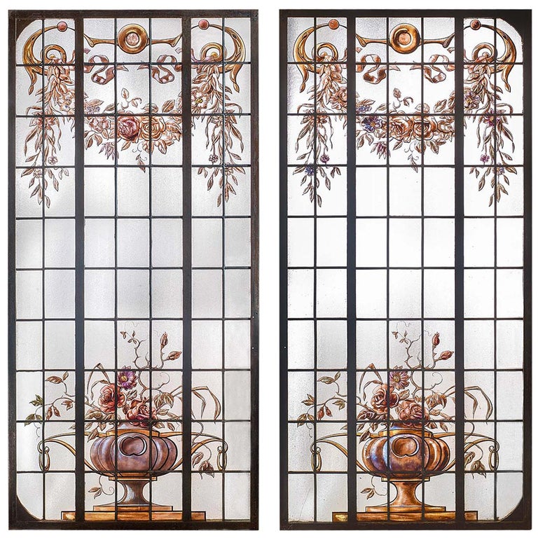 Pair of Antique French Painted Leaded Glass Windows For Sale at 1stDibs