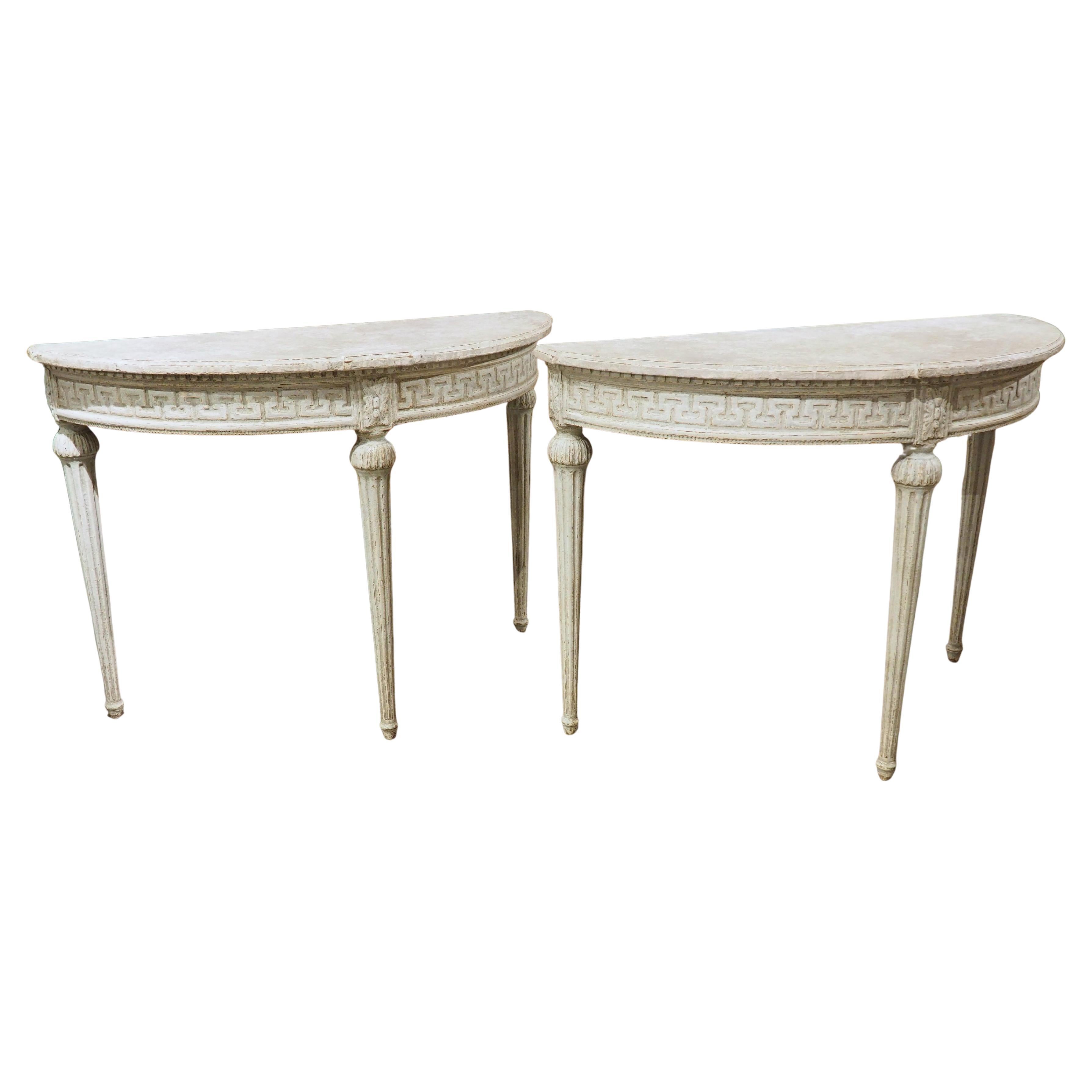 Pair of Antique French Painted Oak Louis XVI Style Greek Key Consoles, C. 1880