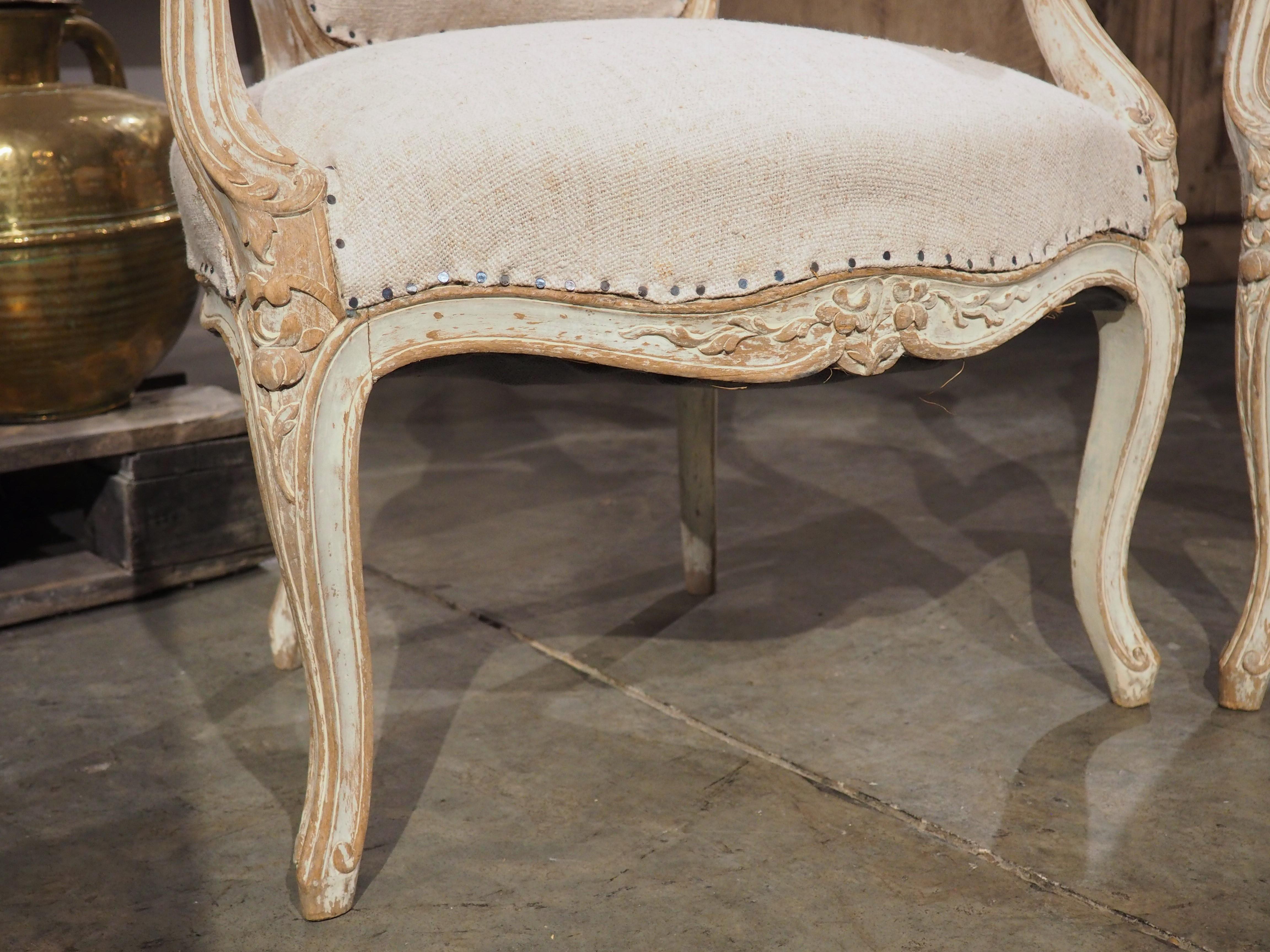 Pair of Antique French Parcel Paint Cabriolet Armchairs, Late 19th Century 4