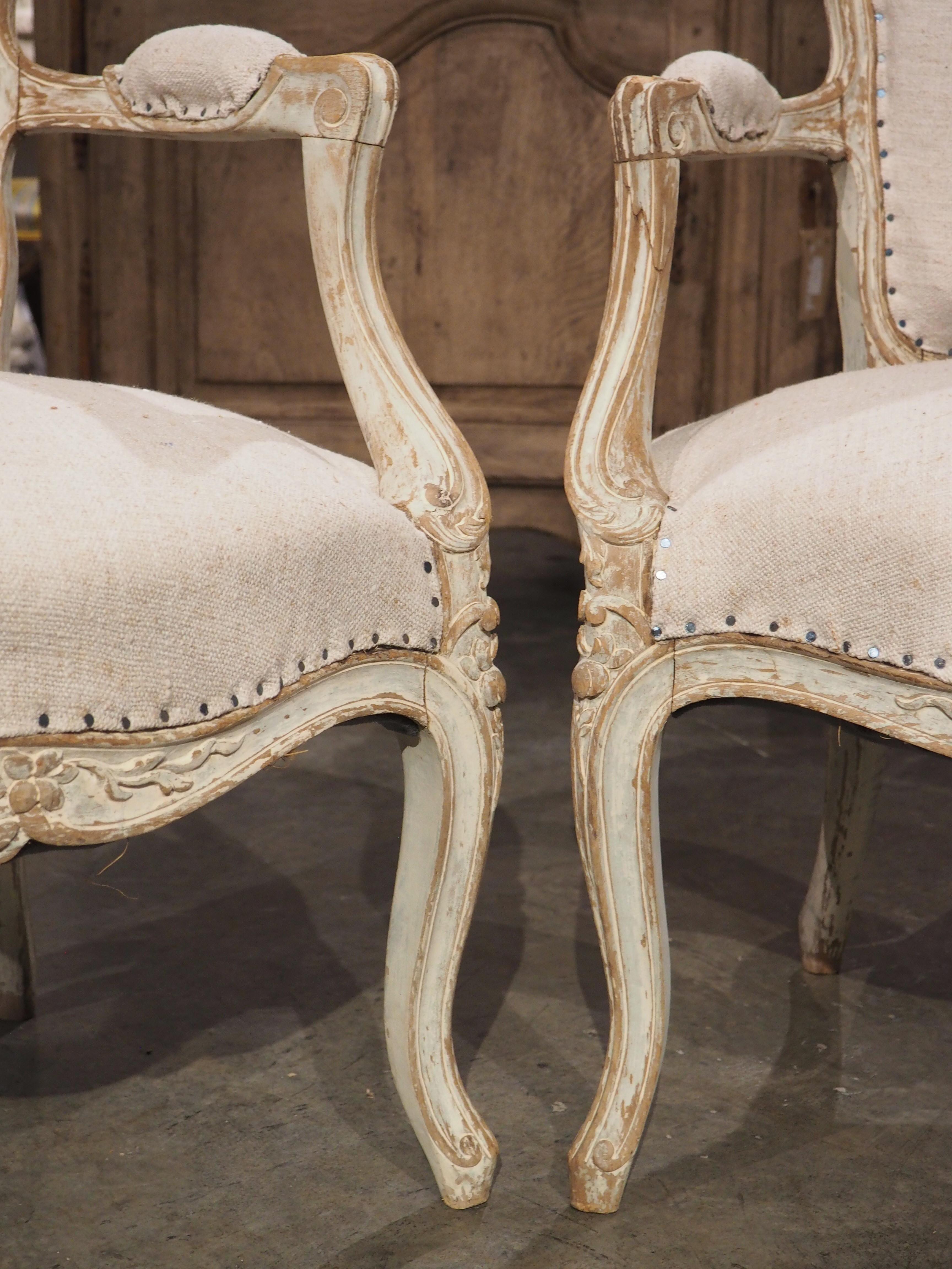 Pair of Antique French Parcel Paint Cabriolet Armchairs, Late 19th Century 5