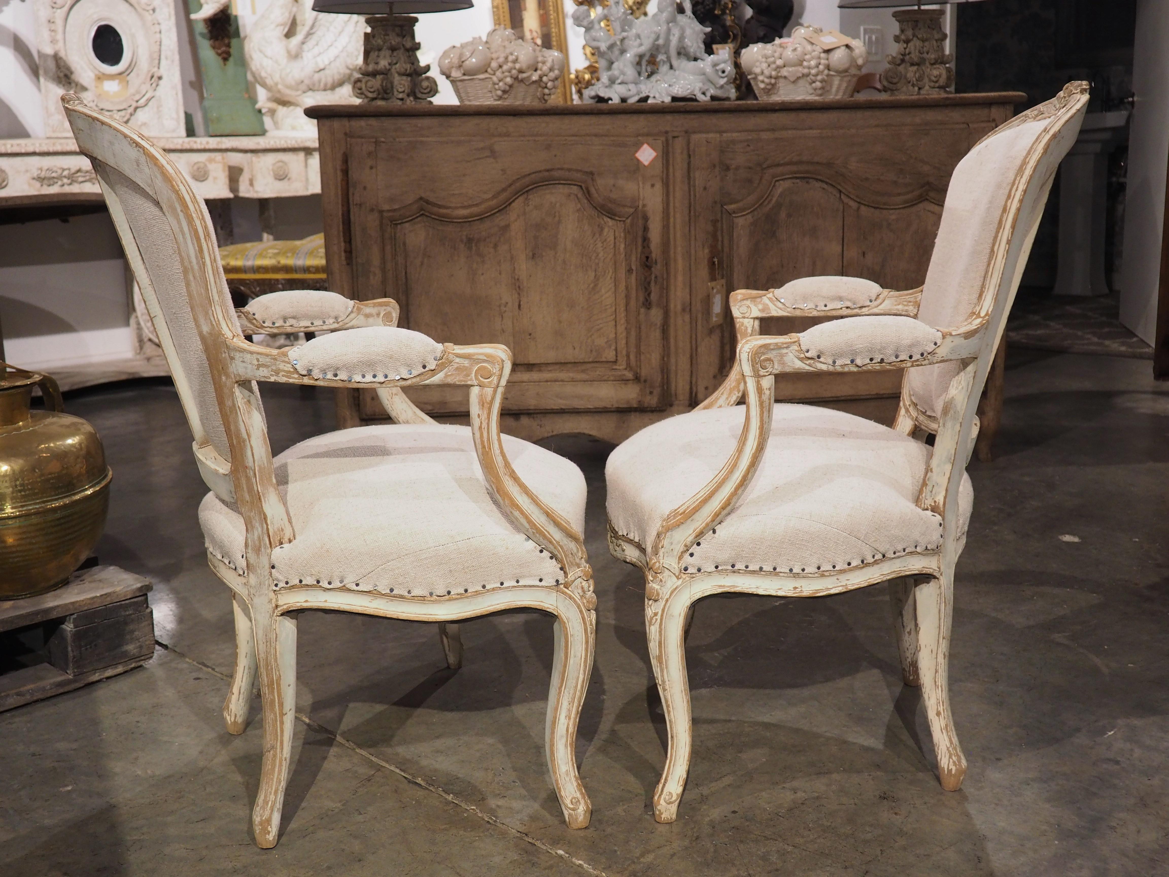 Pair of Antique French Parcel Paint Cabriolet Armchairs, Late 19th Century 8