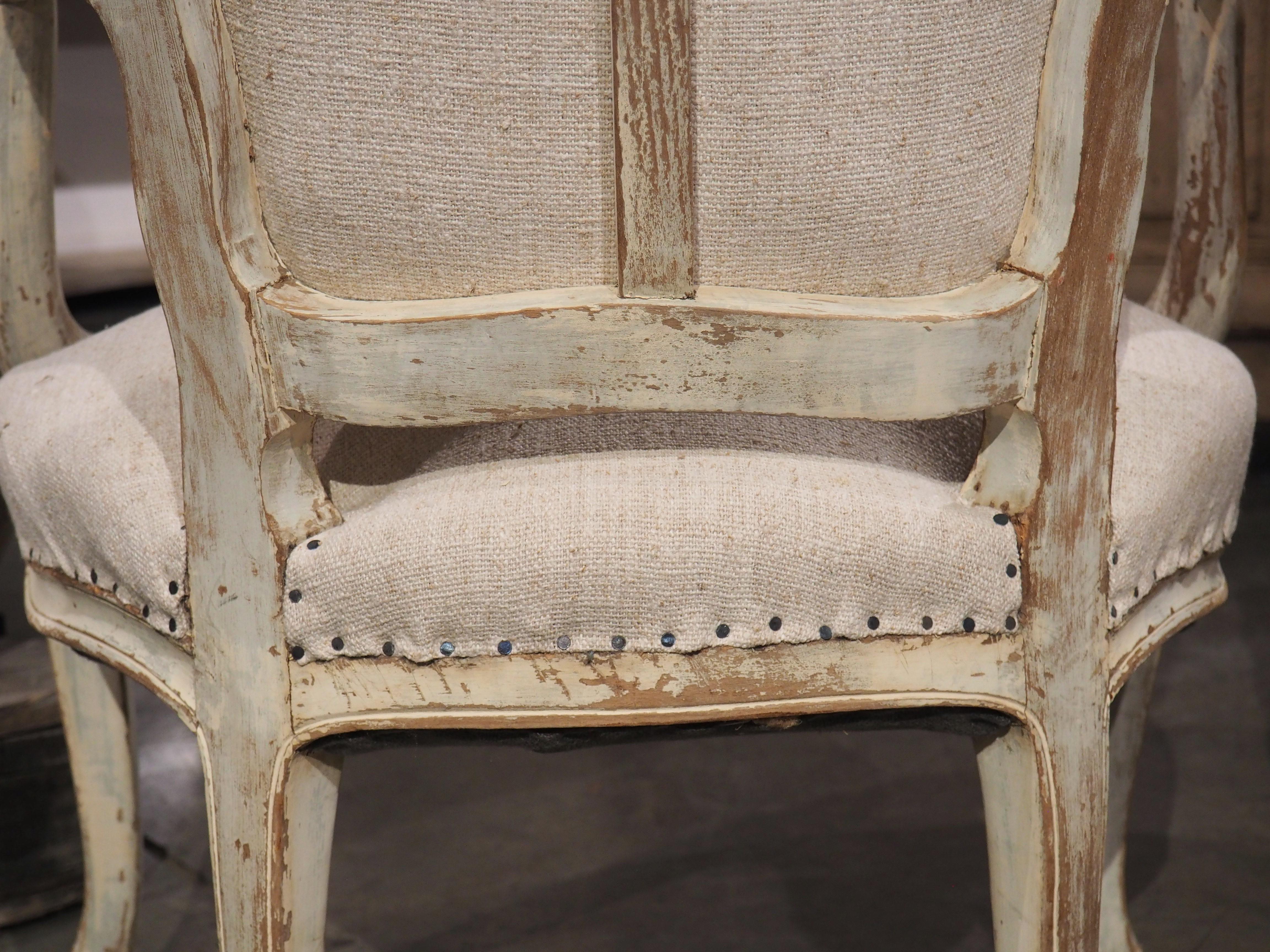 Pair of Antique French Parcel Paint Cabriolet Armchairs, Late 19th Century 11