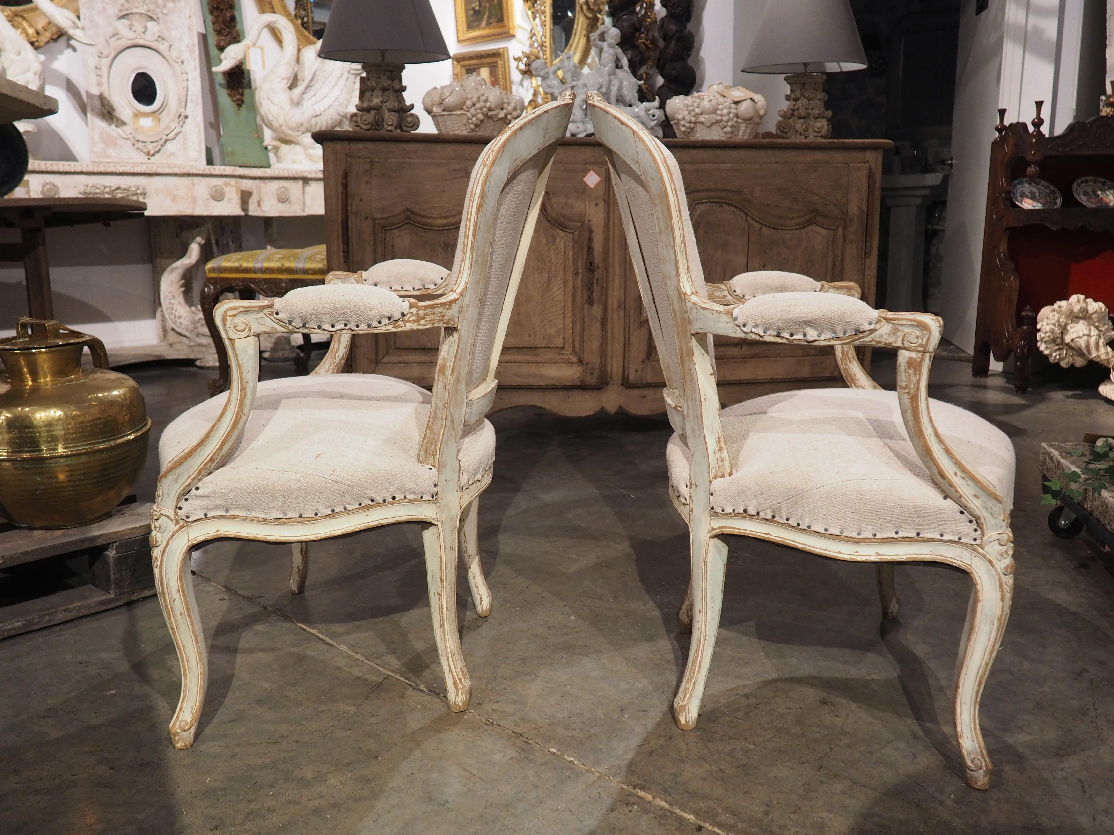 Pair of Antique French Parcel Paint Cabriolet Armchairs, Late 19th Century 12