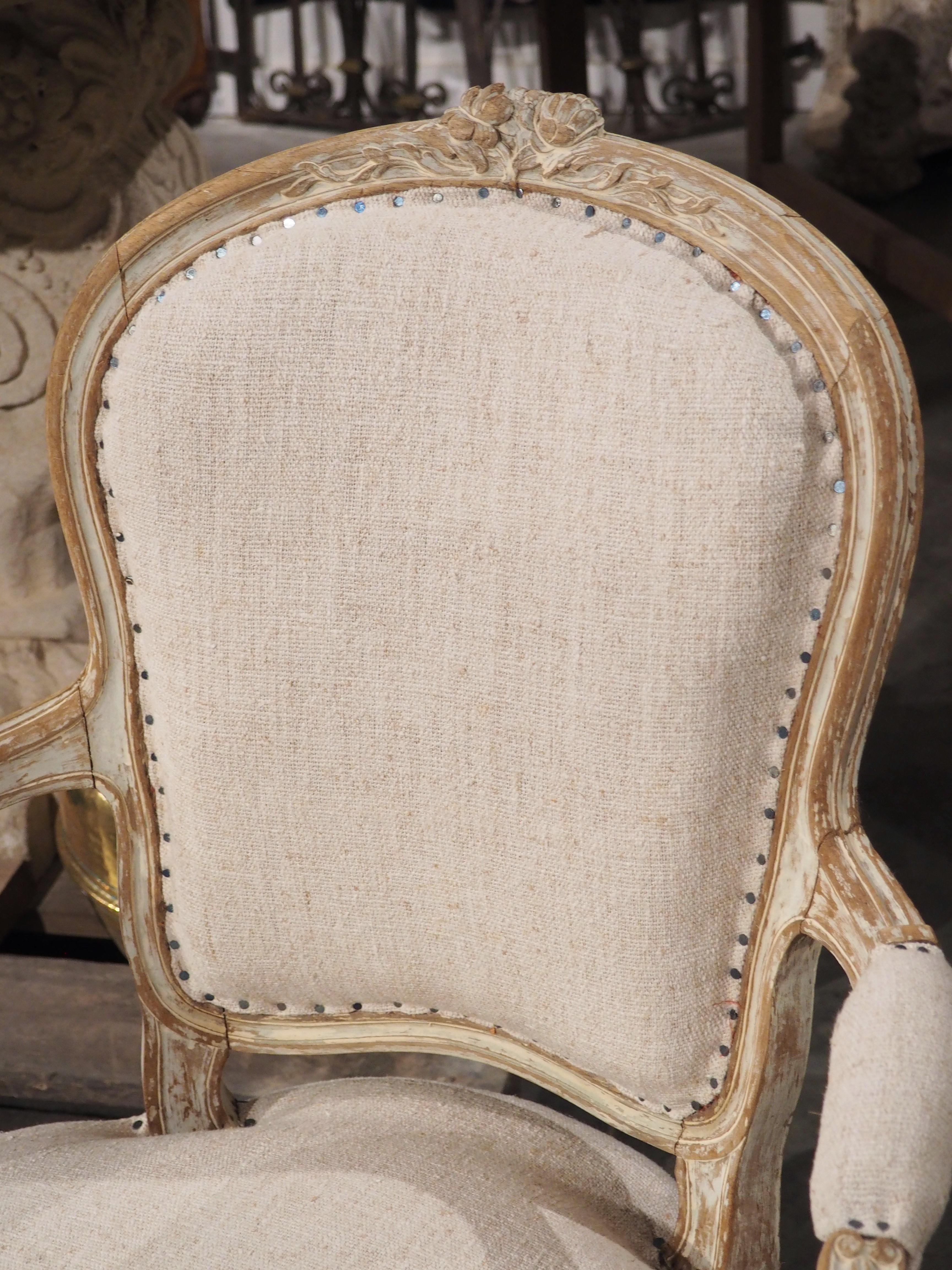 Hand-Carved Pair of Antique French Parcel Paint Cabriolet Armchairs, Late 19th Century