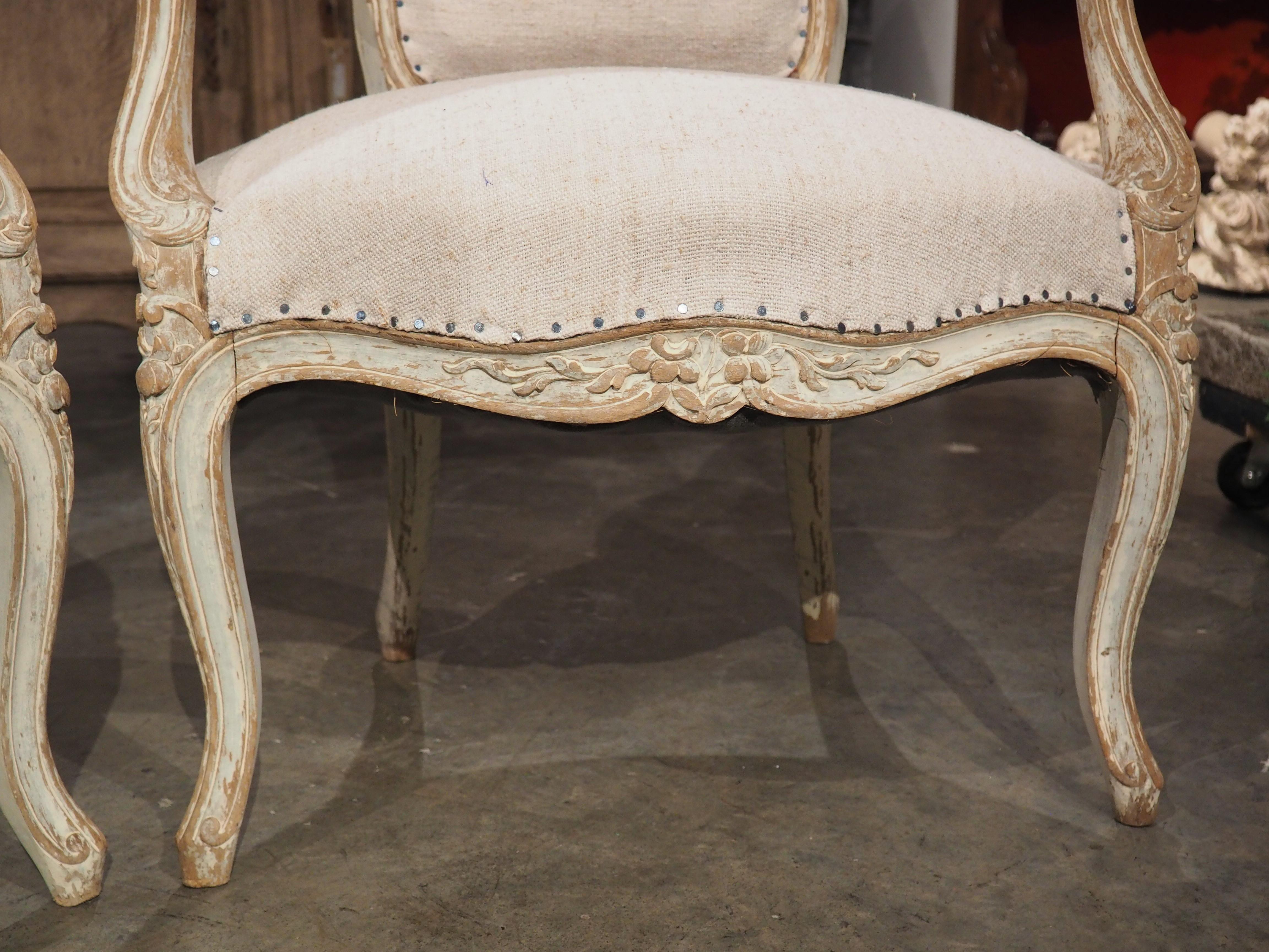 Pair of Antique French Parcel Paint Cabriolet Armchairs, Late 19th Century 3
