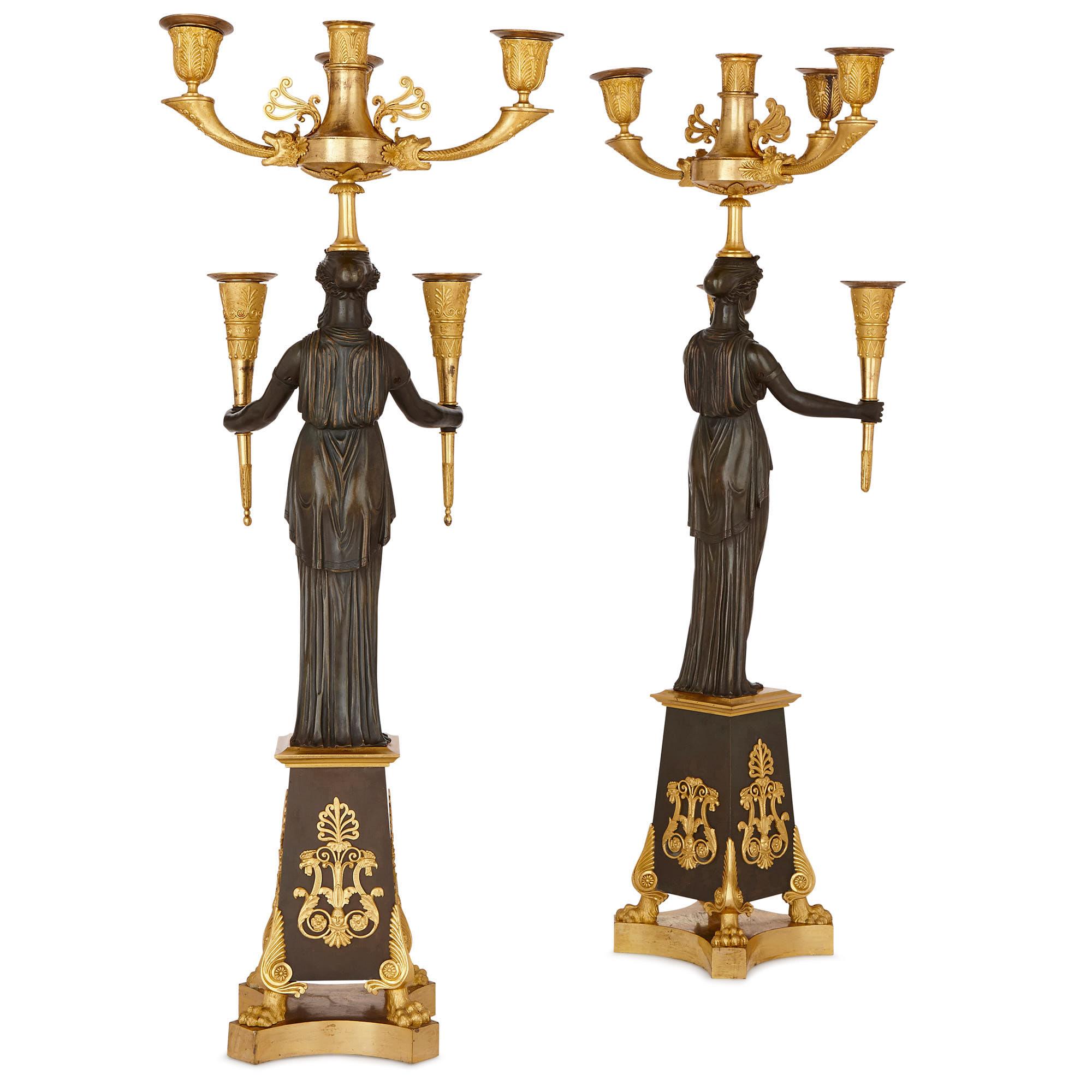 Pair of Antique French Patinated and Gilt Bronze Candelabra For Sale 1