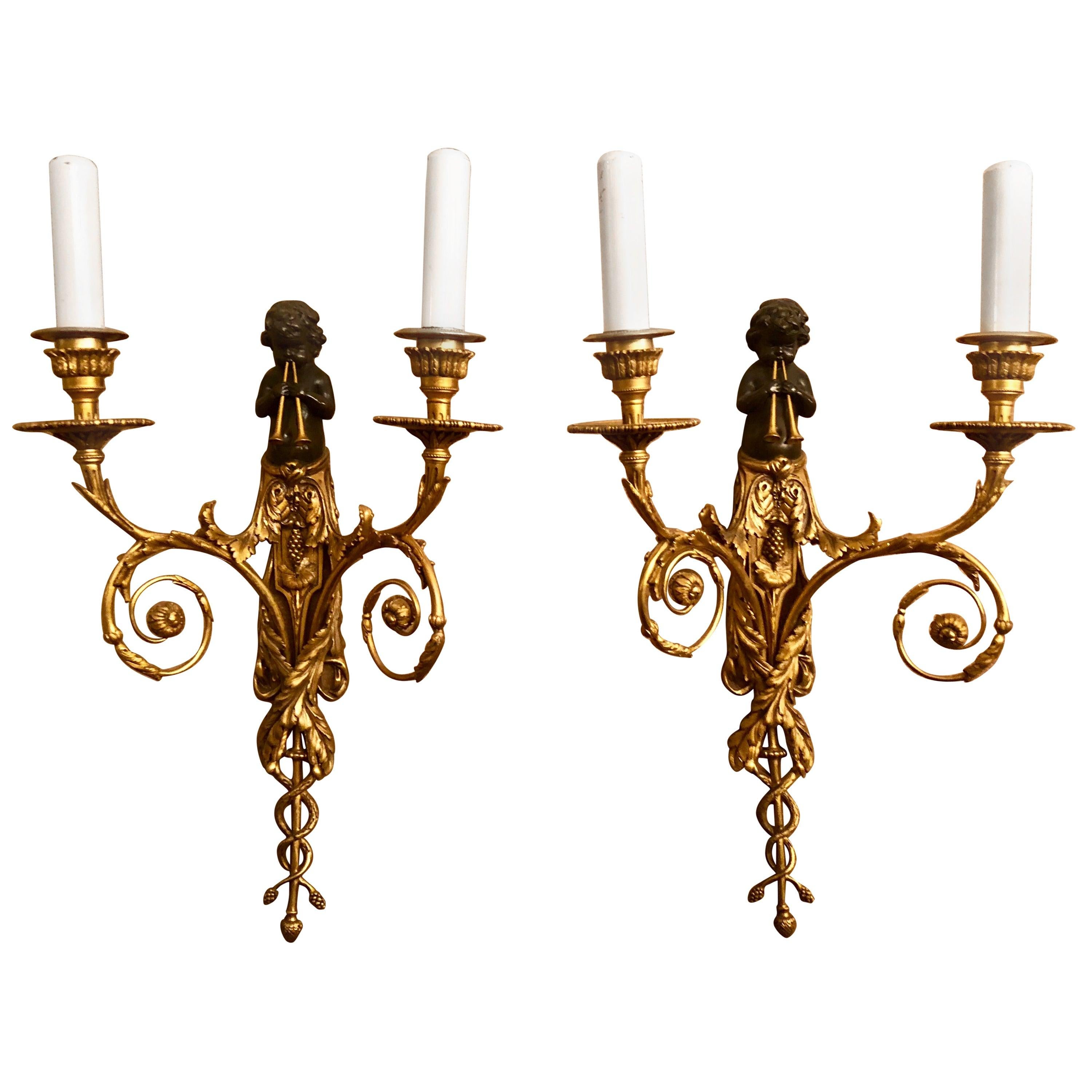 19th Century Pair of Antique French Patinated Bronze and Bronze Doré Sconces, circa 1880