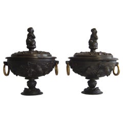 Pareja de Antiguas Urnas Francesas de Bronce Patinado con Tapa