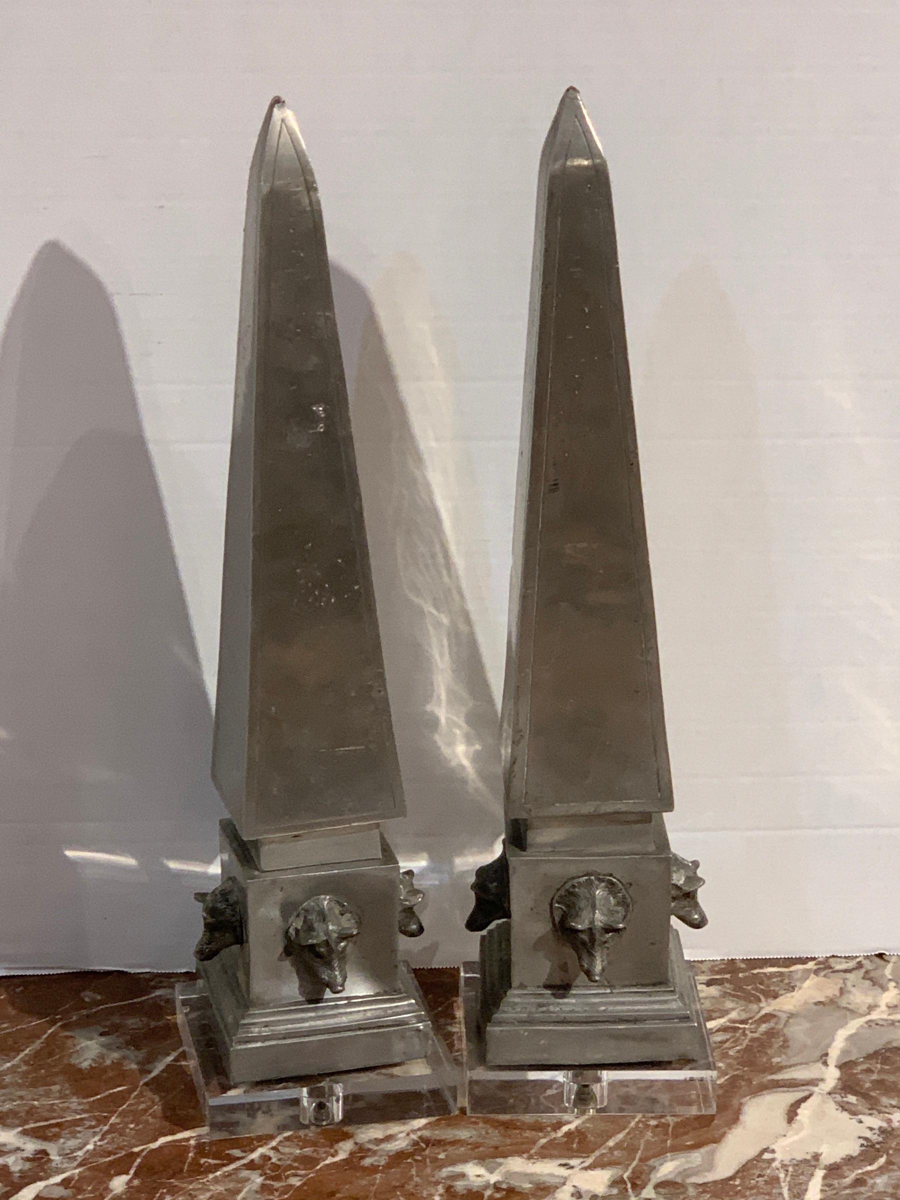 Pair of Antique French Pewter Boars Head Obelisks, with Lucite Bases For Sale 3