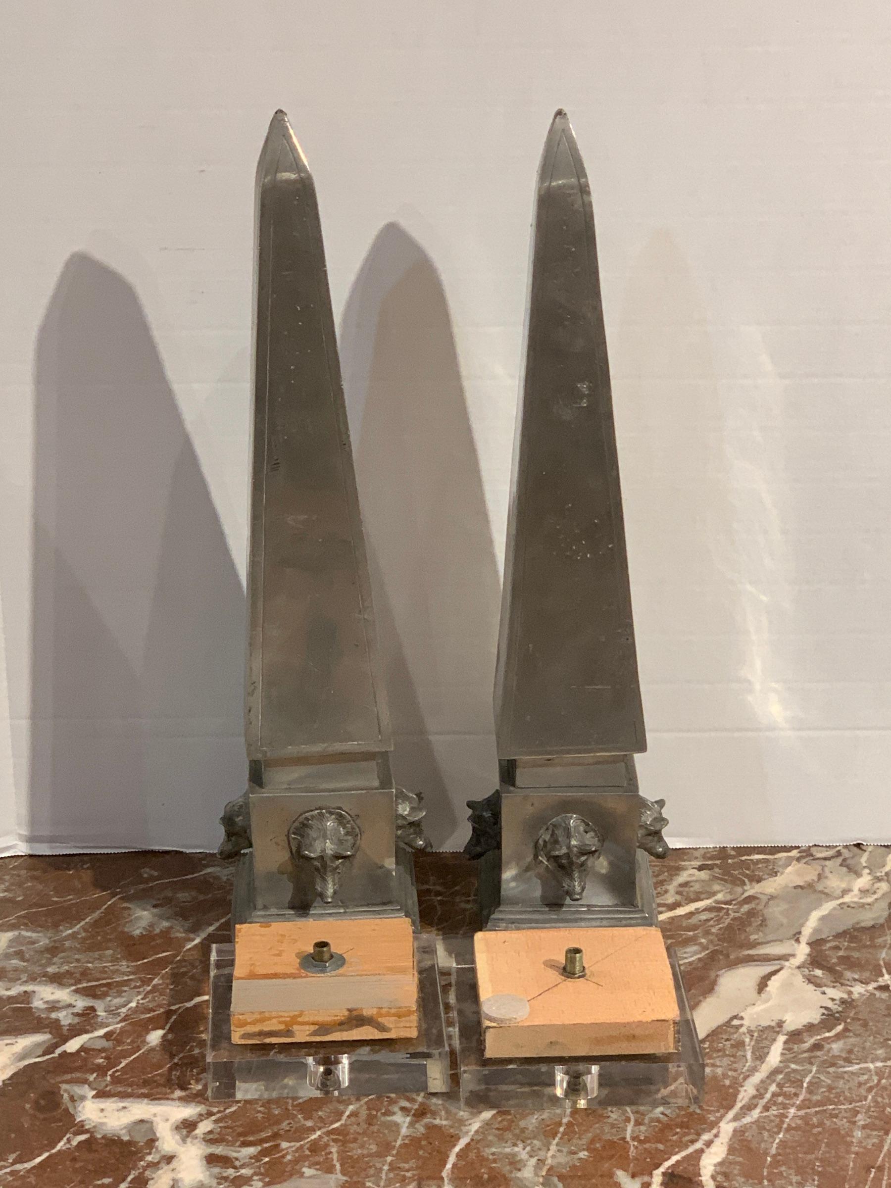 Pair of Antique French Pewter Boars Head Obelisks, with Lucite Bases For Sale 4