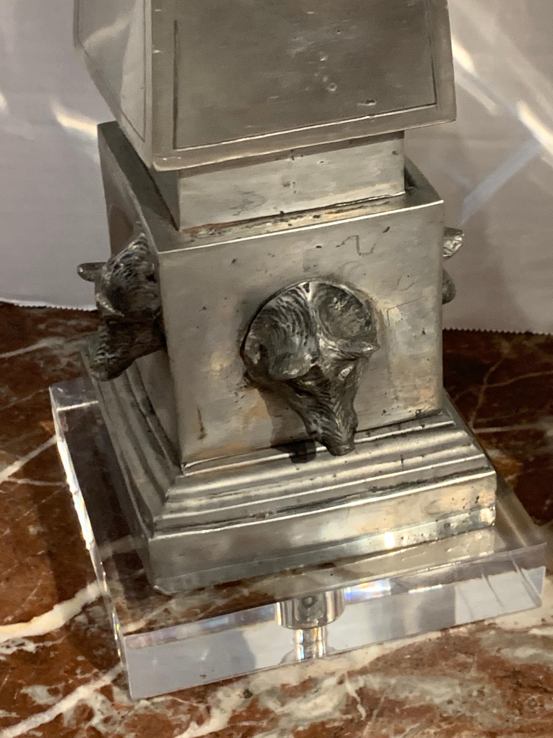 Neoclassical Pair of Antique French Pewter Boars Head Obelisks, with Lucite Bases For Sale