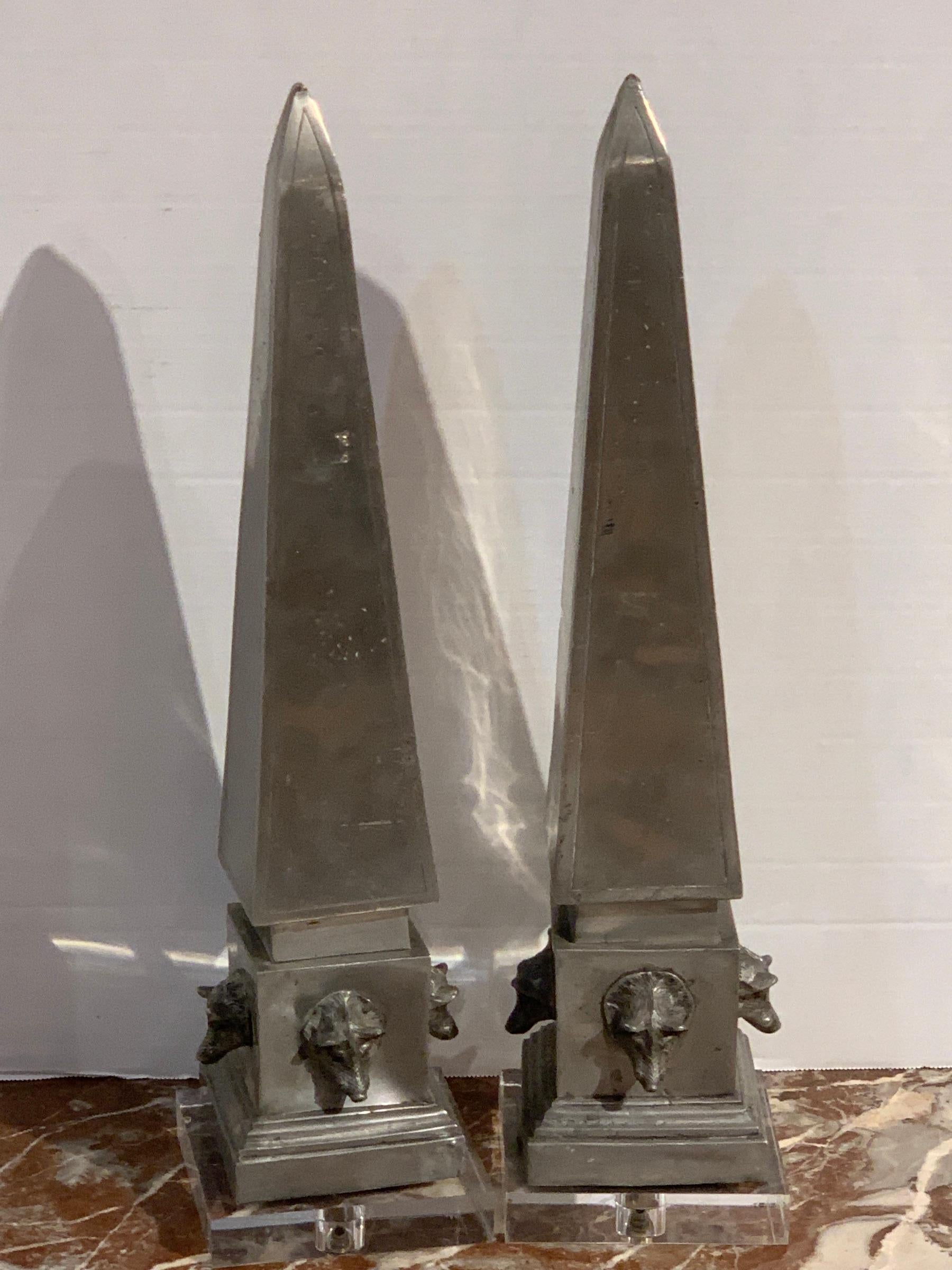Pair of Antique French Pewter Boars Head Obelisks, with Lucite Bases In Good Condition For Sale In Atlanta, GA