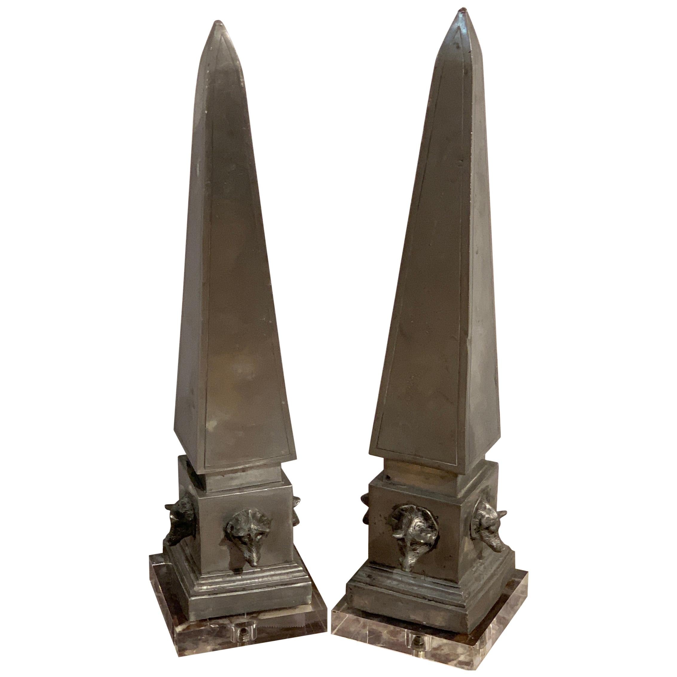 Pair of Antique French Pewter Boars Head Obelisks, with Lucite Bases For Sale