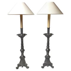Pair of Antique French Pewter Candlesticks Now as Lamps