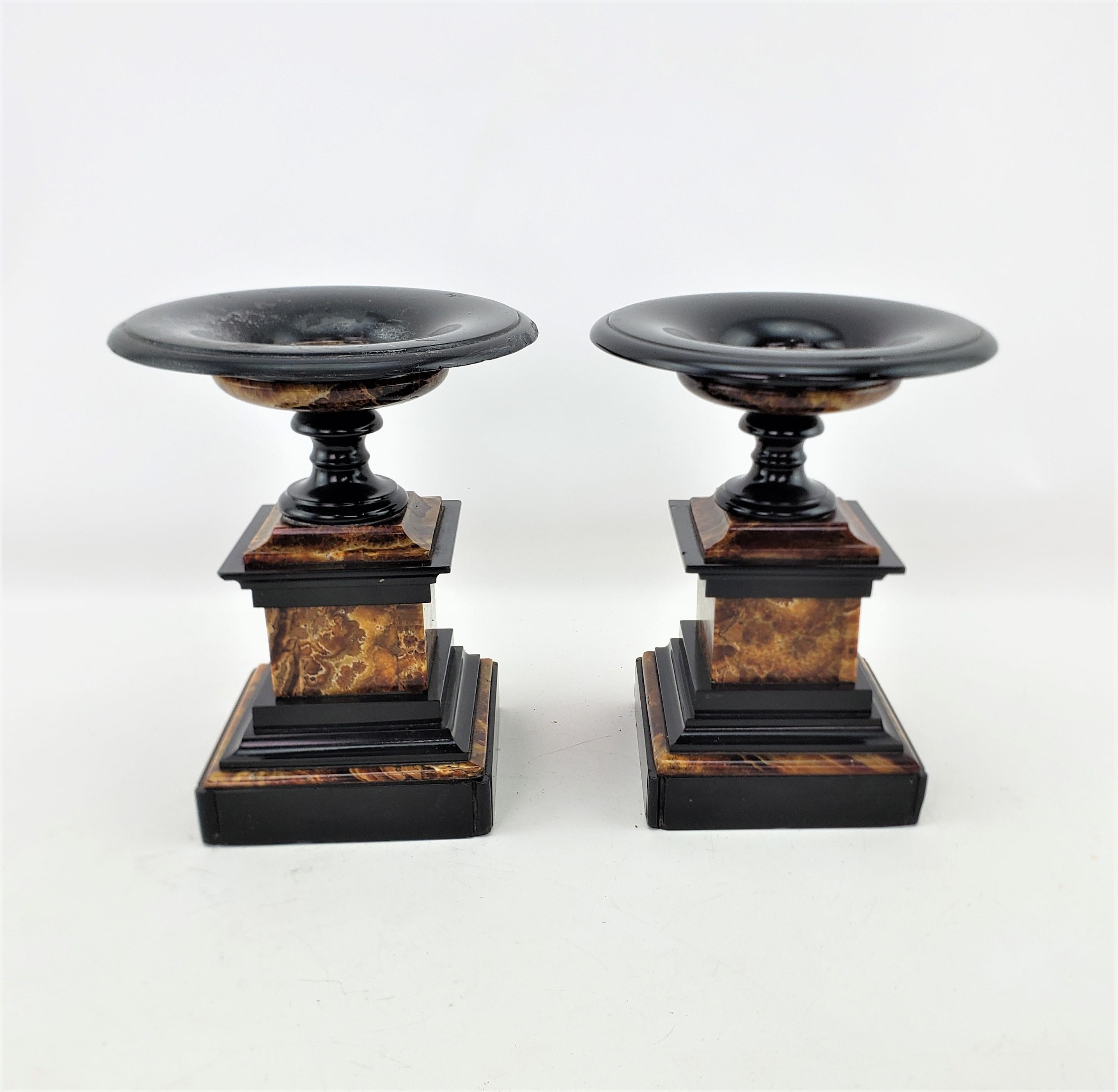 Art Deco Pair of Antique French Polished Slate & Marble Garniture Set or Tazzas For Sale