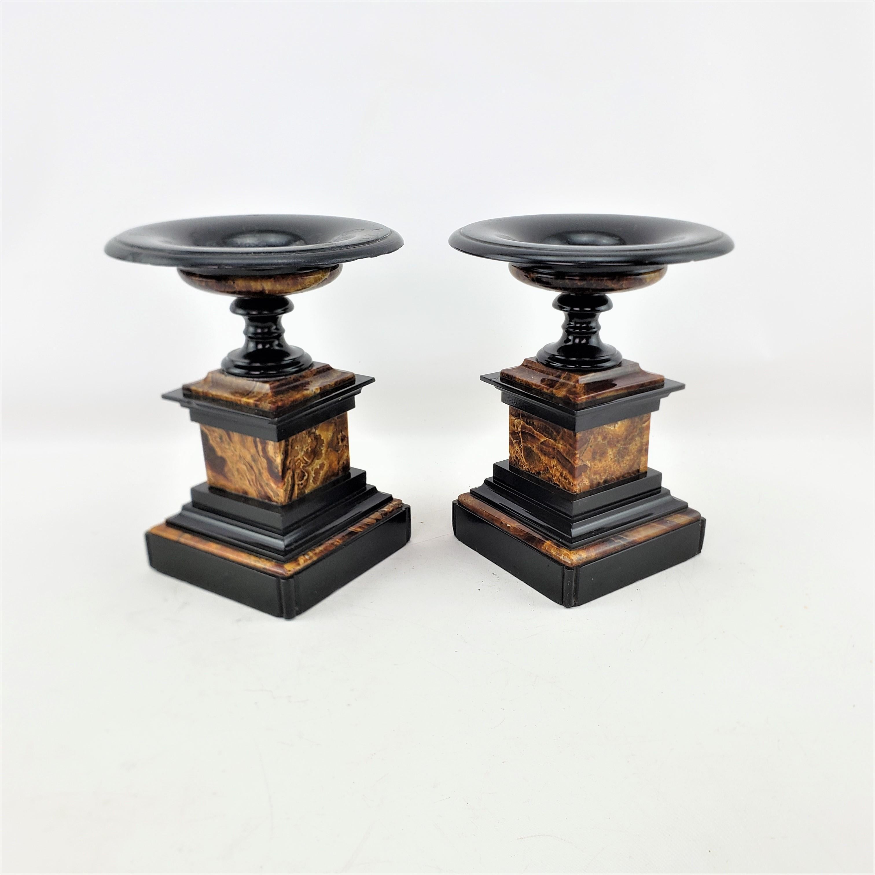 Machine-Made Pair of Antique French Polished Slate & Marble Garniture Set or Tazzas For Sale