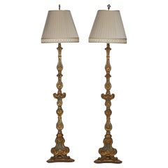 Pair of Antique French Polychromed Giltwood Floor Lamps Circa 1930