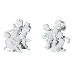 Pareja de Esculturas de Querubines de Porcelana Antique French