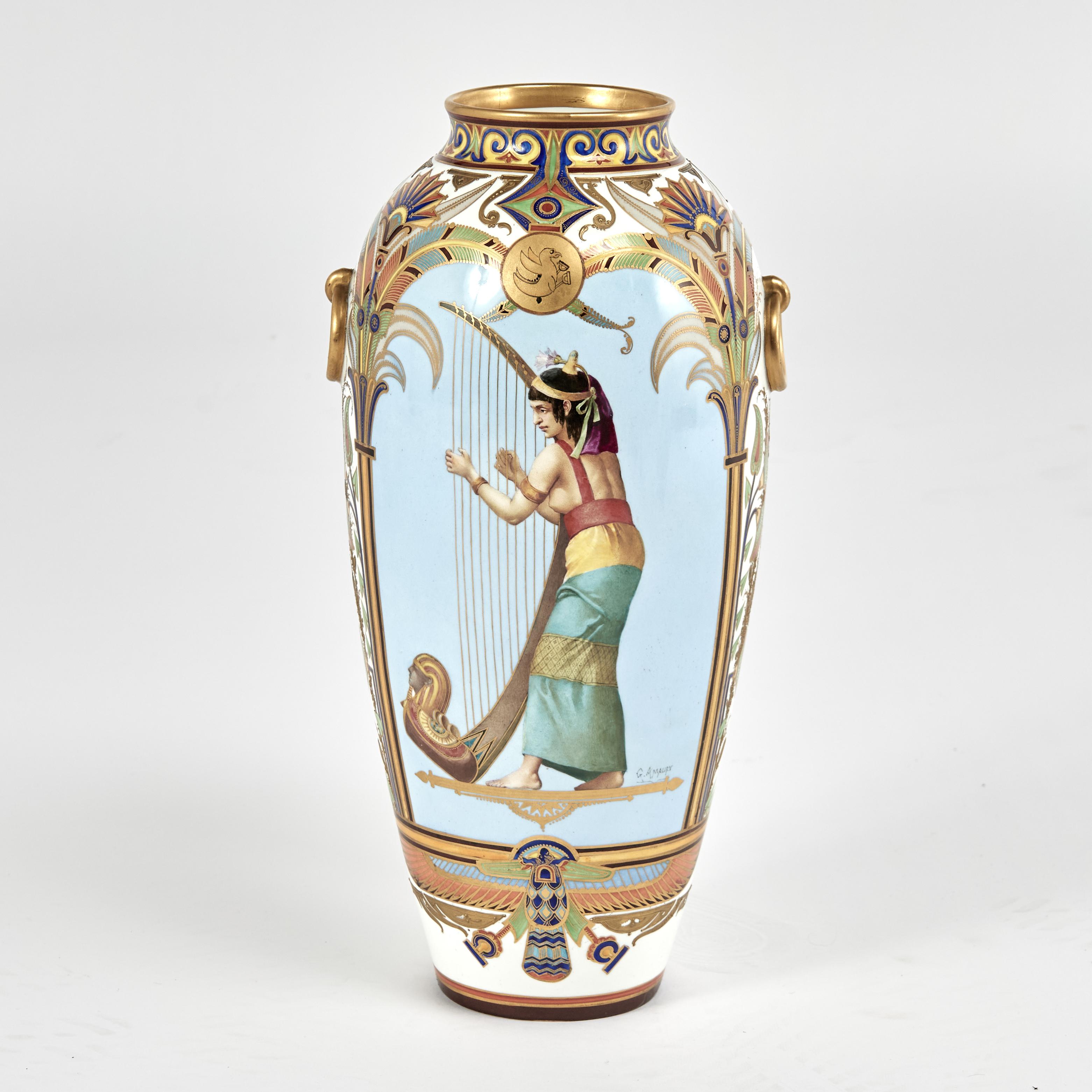 Pair of Antique French Porcelain Egyptian Revival Vases For Sale 5