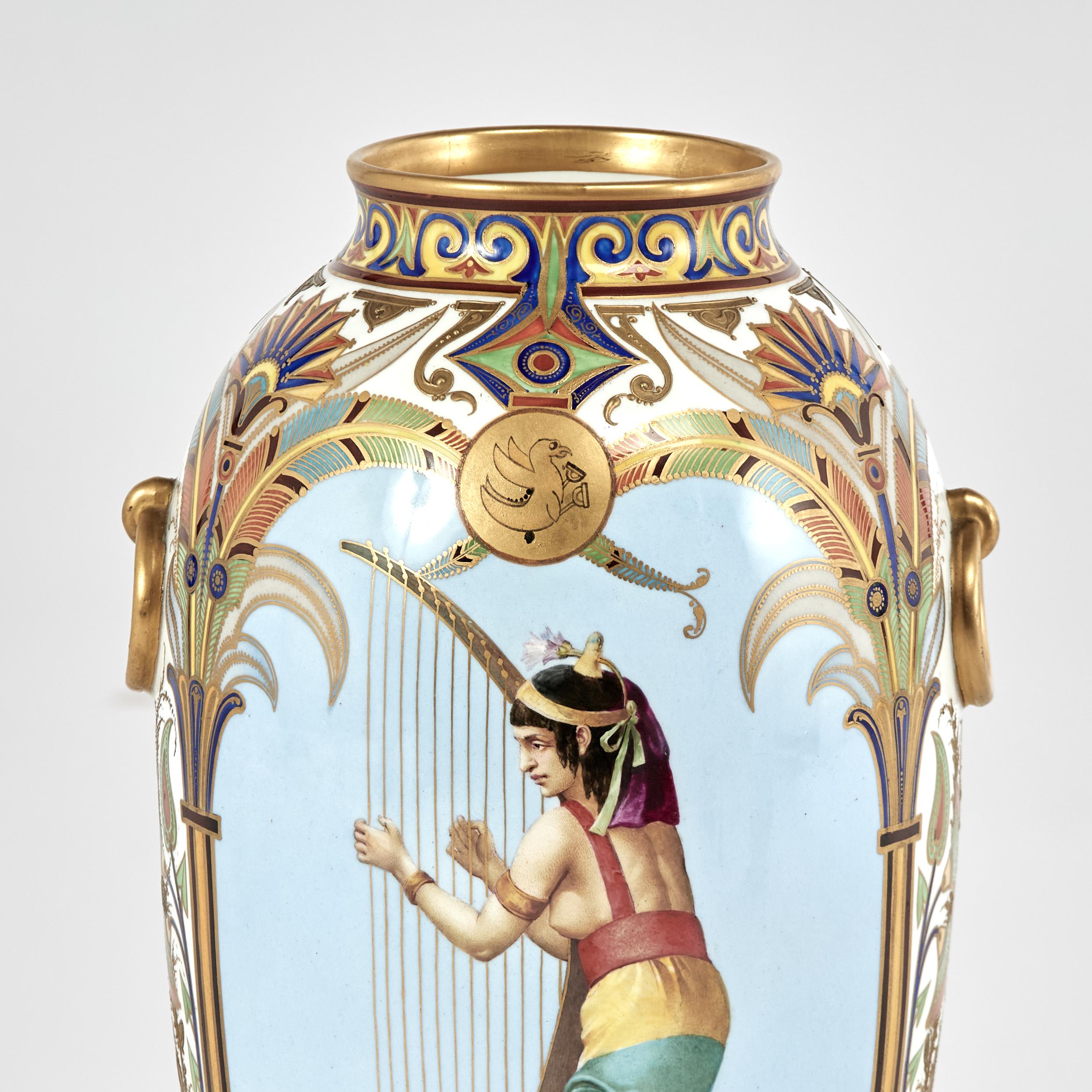Pair of Antique French Porcelain Egyptian Revival Vases For Sale 8