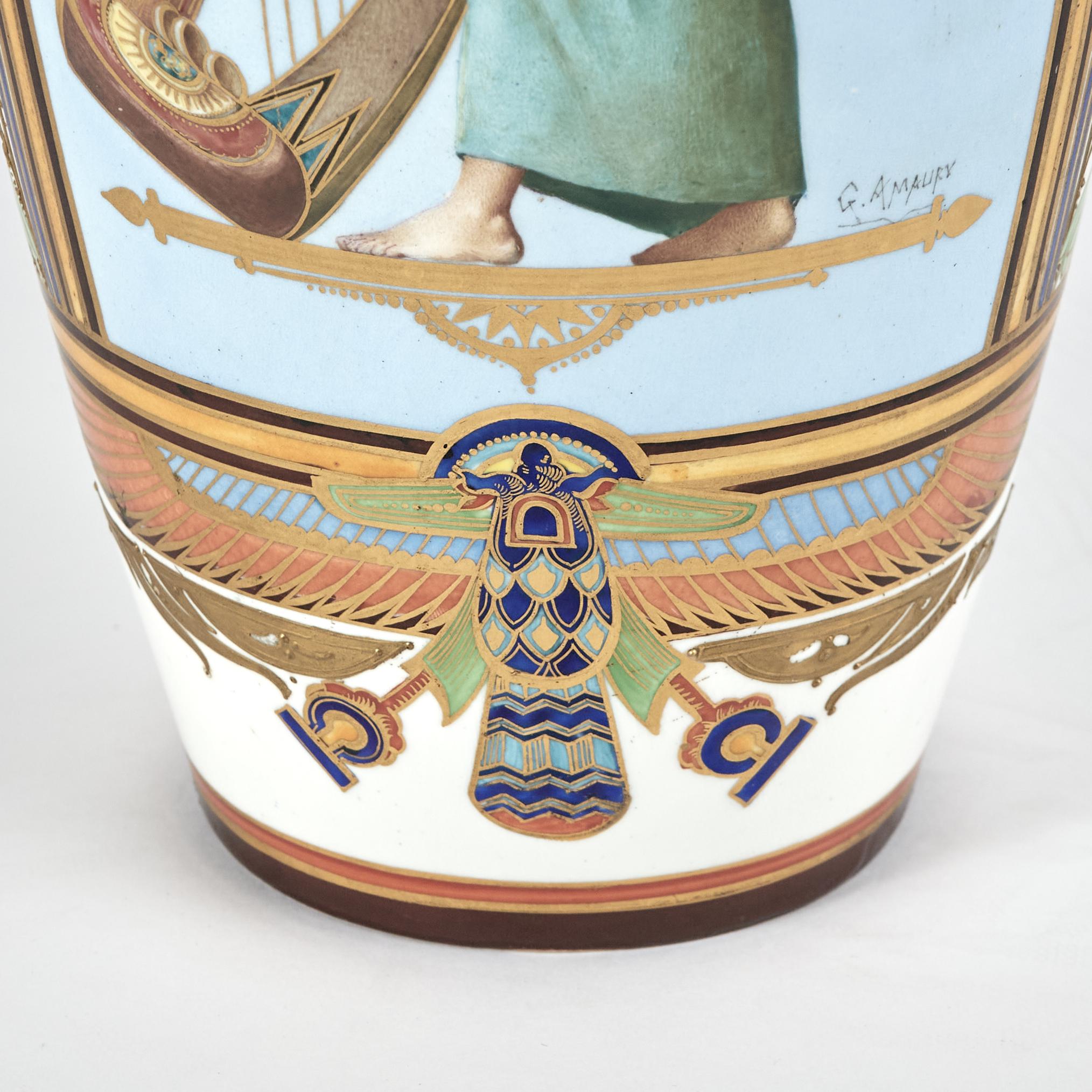 Pair of Antique French Porcelain Egyptian Revival Vases For Sale 11